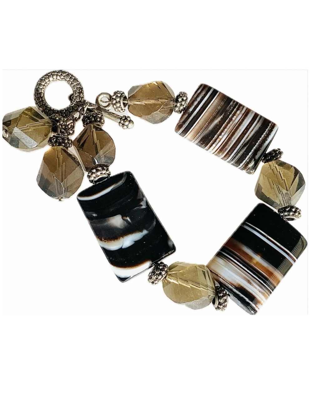 OOAK Handmade Statement Botswana Agate Bracelet Brown Cream Black Large Stones